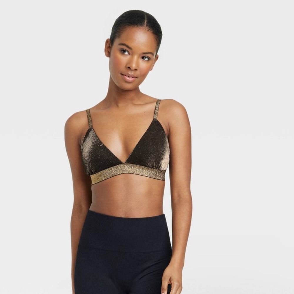 Colsie l XL 38-40 Black Metallic Gold Lurex Shimmer Mesh Lined Triangle Bralette